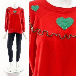 Christmas Frill Sweatshirt,Heart Patchwork Applique Sweater,Ugly Christmas Sweat